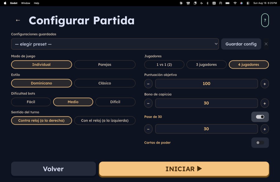 Pantalla de configurar partida en Domikapikua
